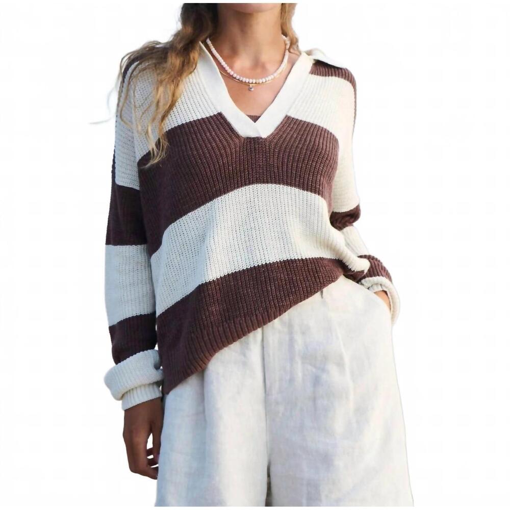 NEW FAHERTY miramar linen polo sweater in cocoa rugby stripe - Picture 4 of 4
